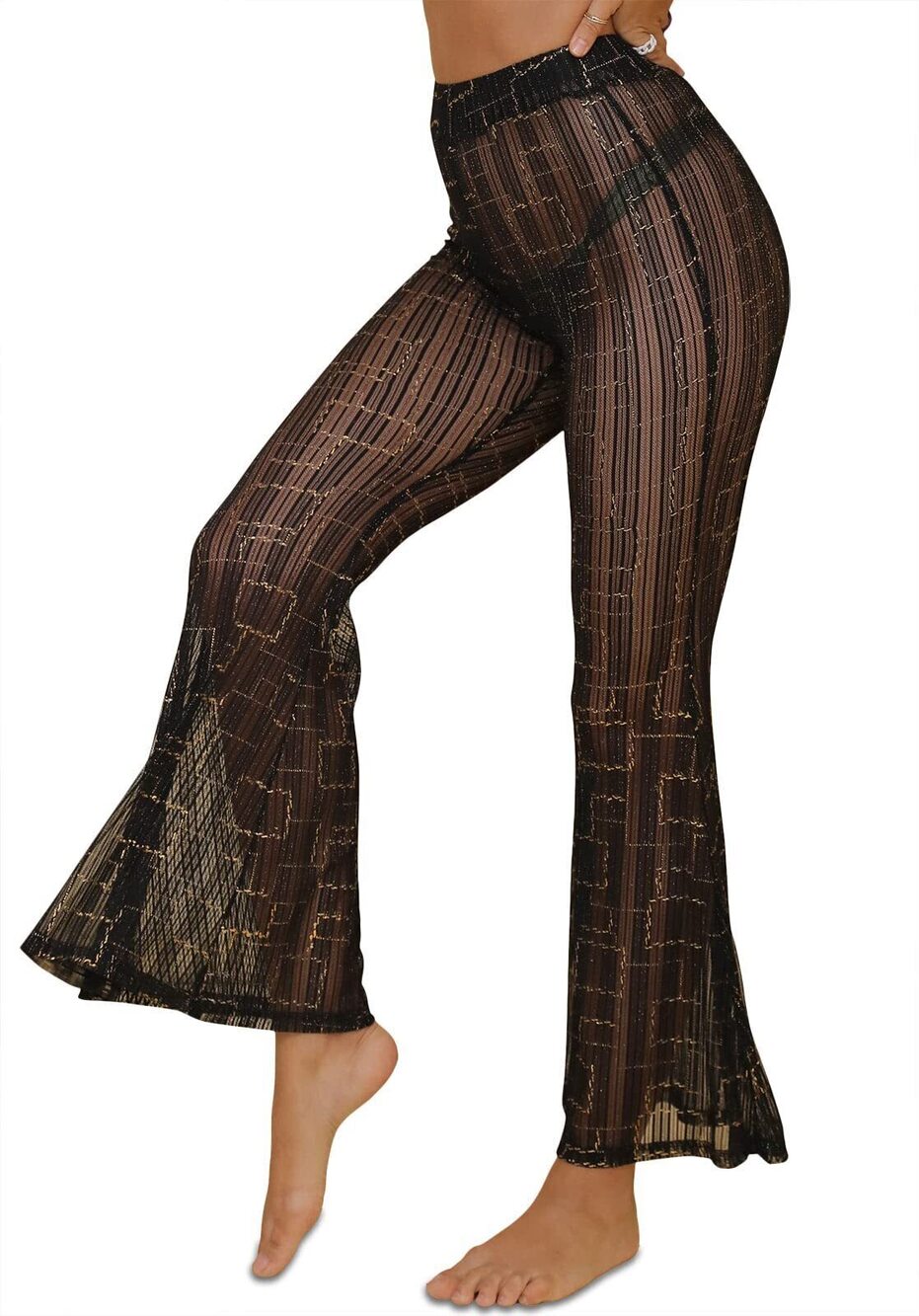 4664 Rave Outfit Outfit Festival Dance Clubwear Bell Bottom Mesh Sheer